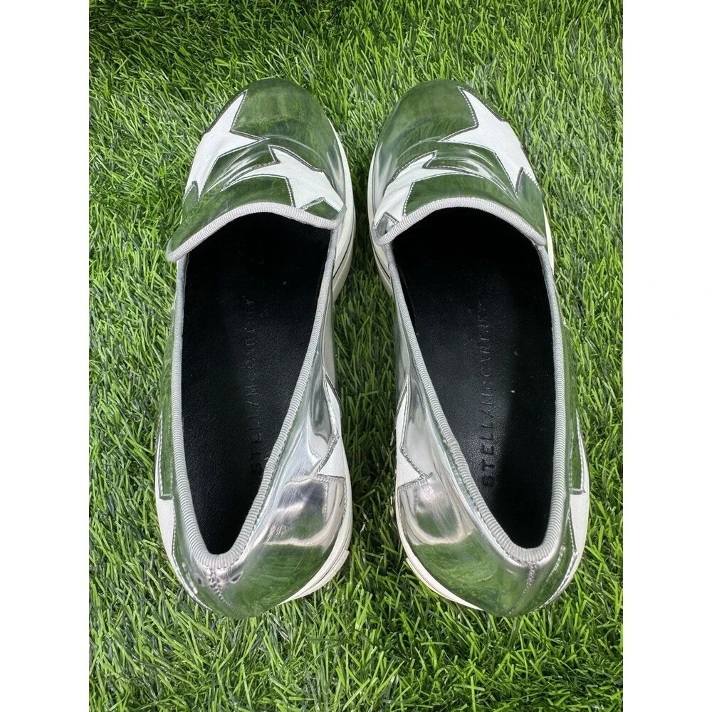 STELLA MCCARTNEY Silver Metallic Faux Leather Binx Star Platform Slip On Shoes 7